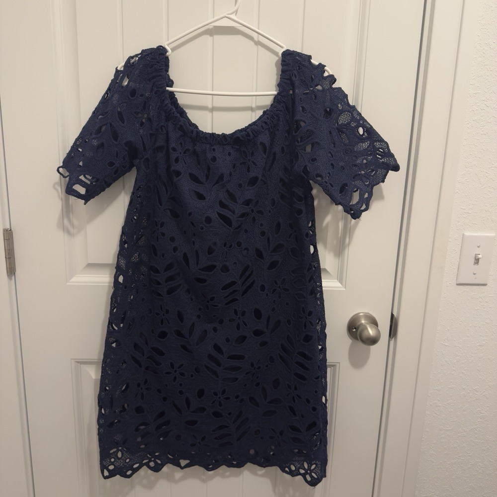 Pretty Garden Women's Navy‎ Floral Crochet Lined Dress Off Shoulder Size Large